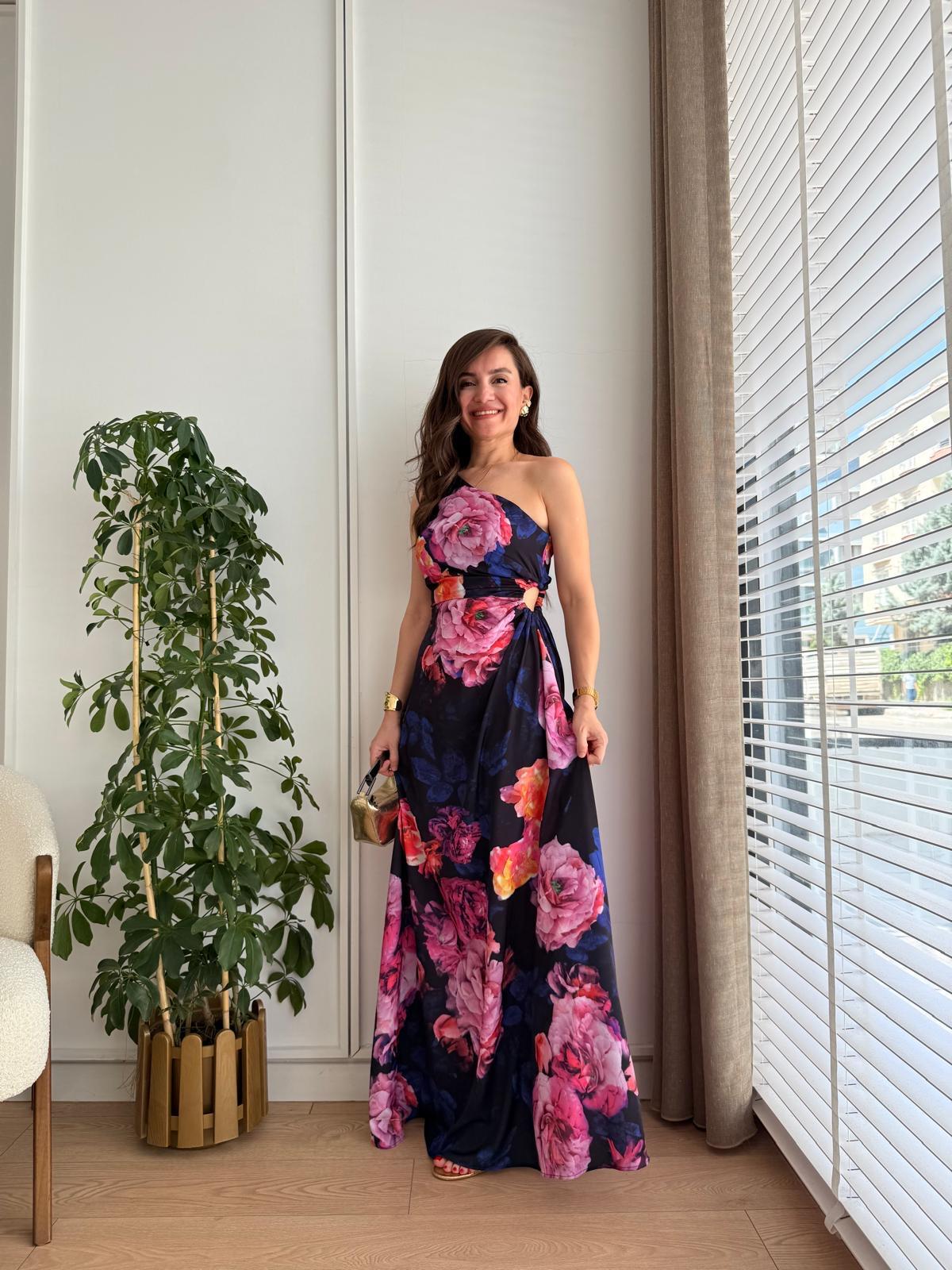 Lacivert Desenli Bel Dekolteli Tek Omuz Elbise 5956