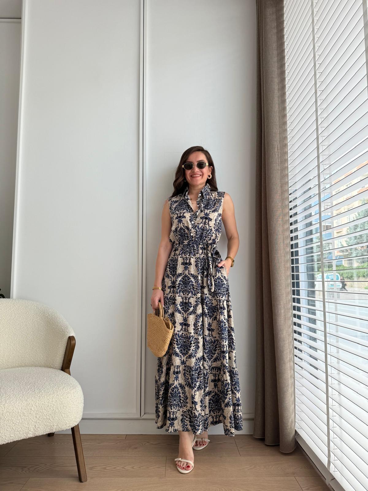 Lacivert Desenli Bel Lastikli Düğmeli Elbise 1302