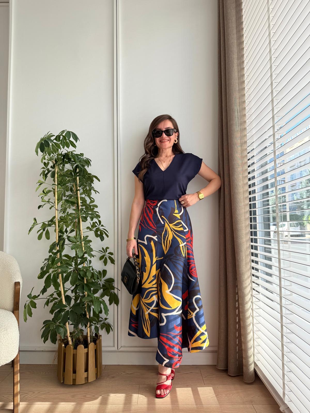 Lacivert Desenli Volanlı Poplin Etek 36415