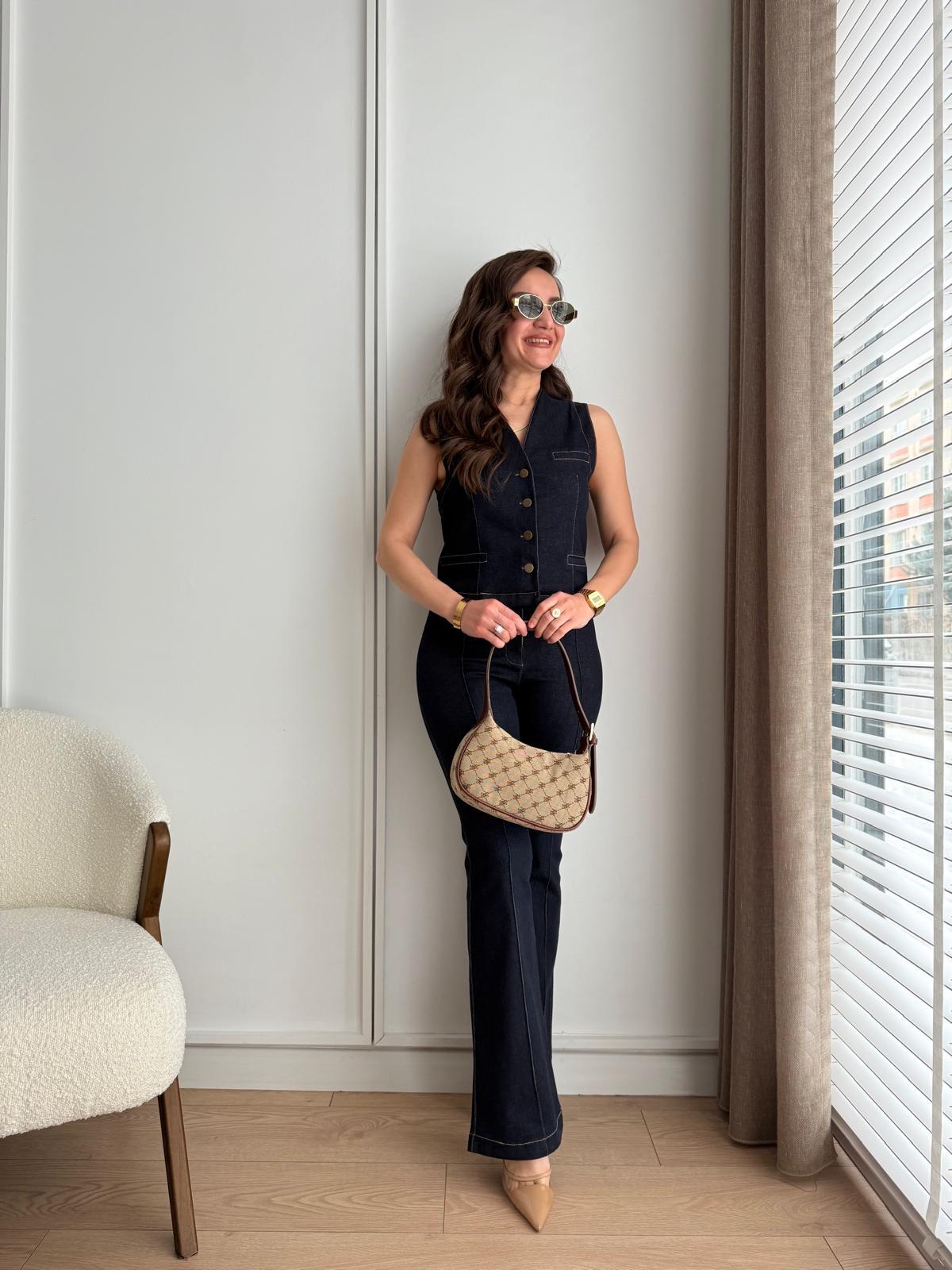 Lacivert Dikiş Detaylı Denim Yelekli Takım 5465