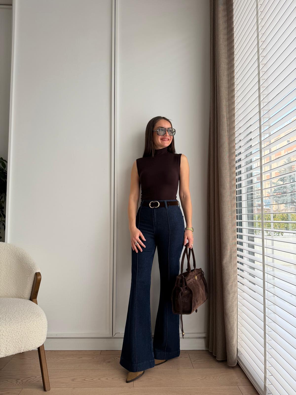 Lacivert Dikiş Detaylı Kemerli İspanyol Paça Pantolon 25678