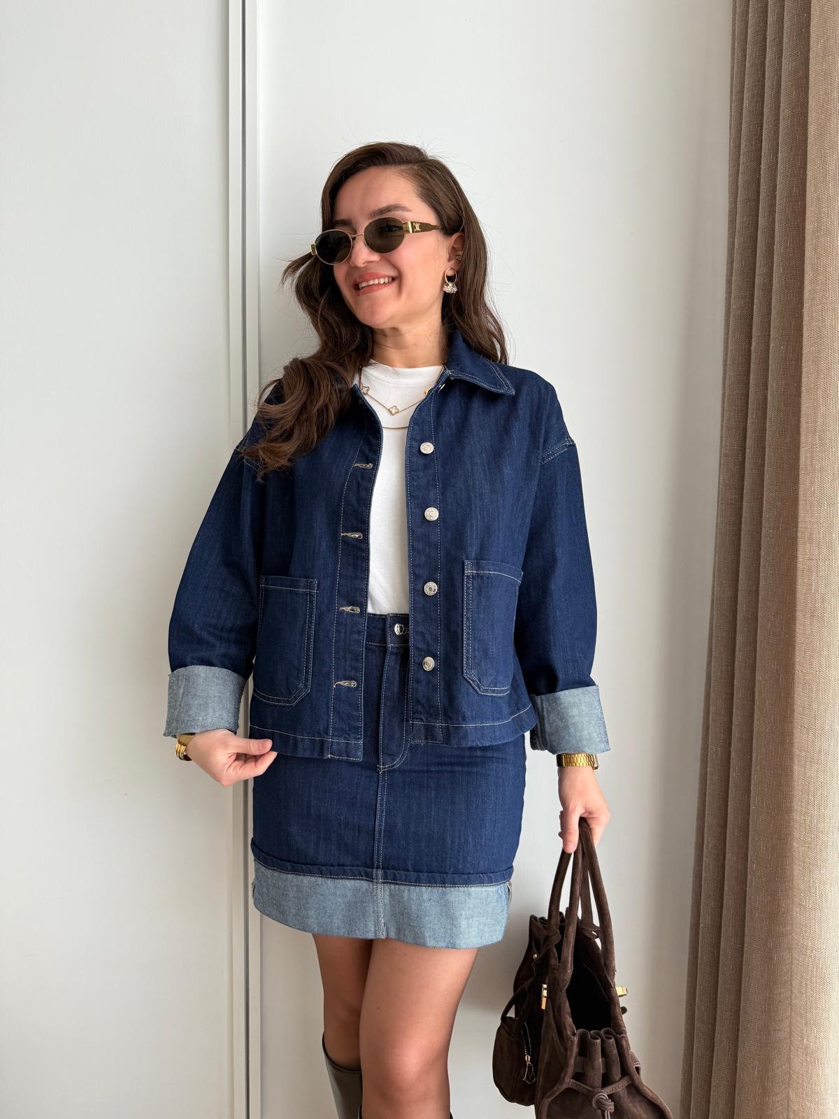 Lacivert Double Bilek Detaylı Cepli Denim Ceket 5669