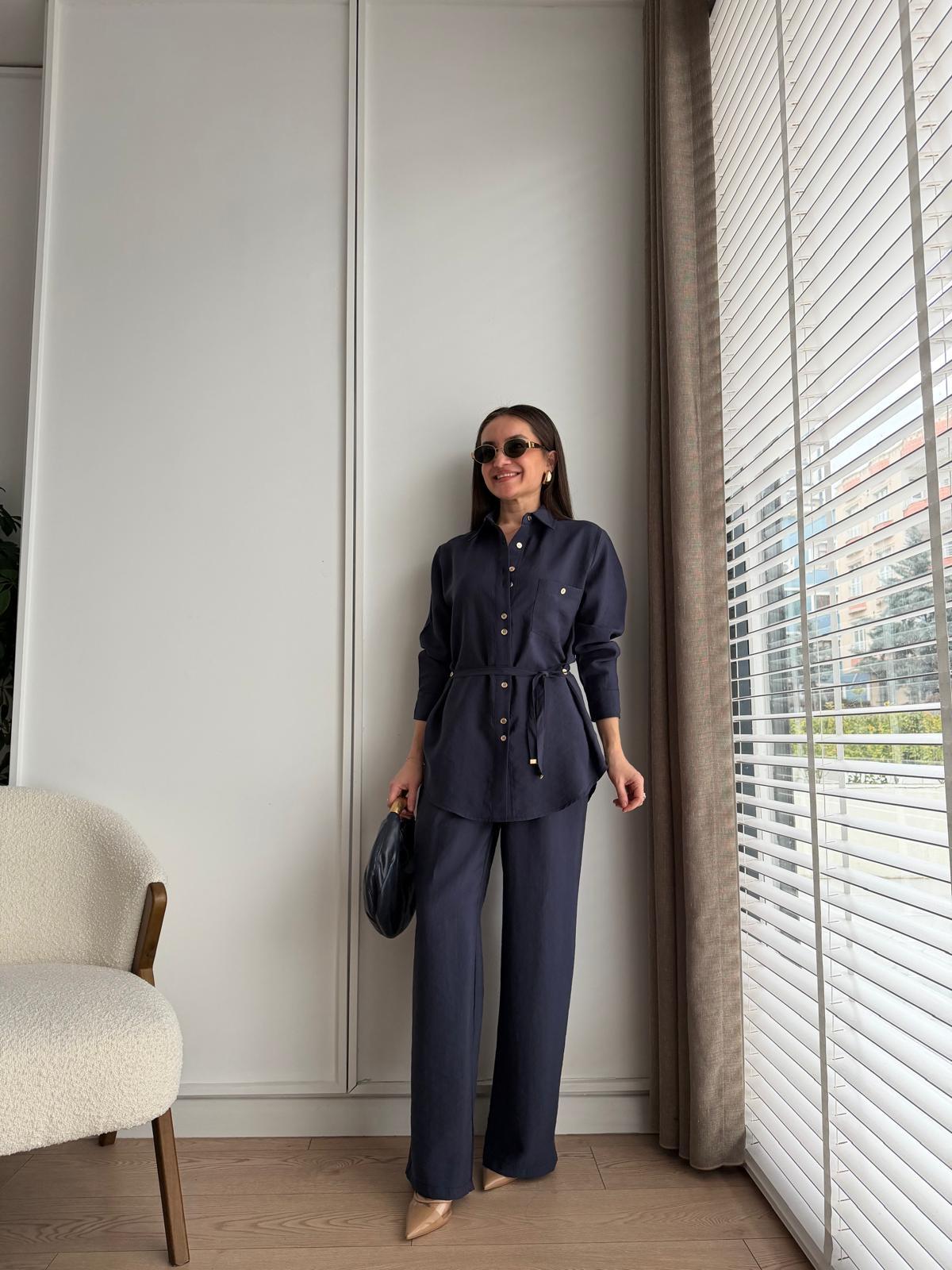Lacivert Düğme Detaylı Kuşaklı Gömlek Pantolon Takım 51280