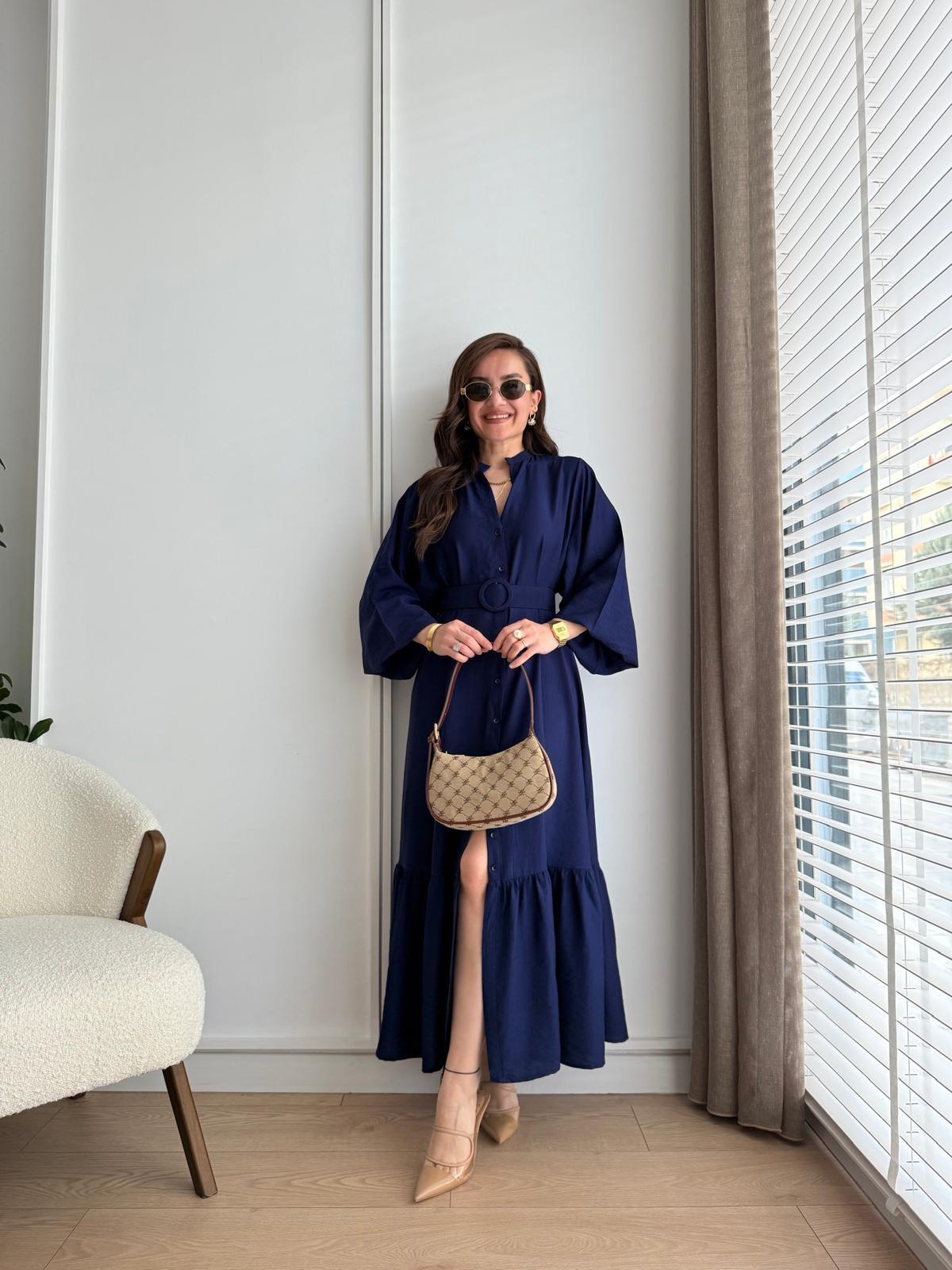 Lacivert Düğmeli Kemer Detaylı Elbise 517