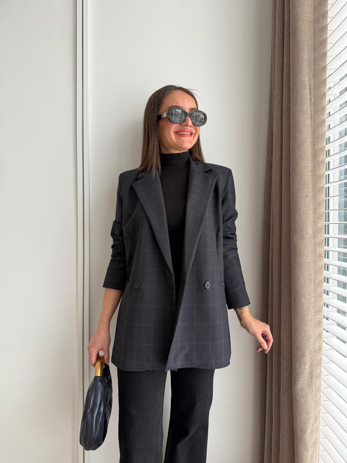 Lacivert Ekose Desen Astarlı Blazer Ceket 5174