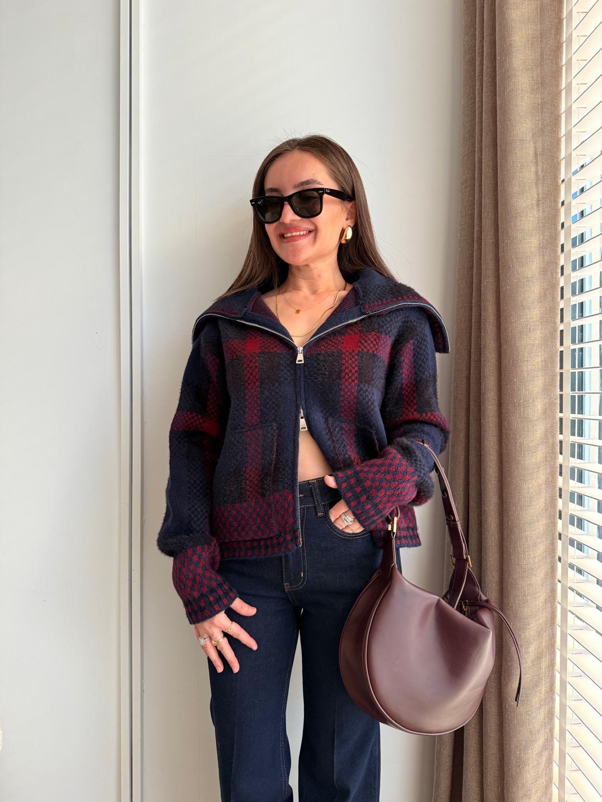 Lacivert Ekose Desen Çift Fermuarlı Ceket 25705