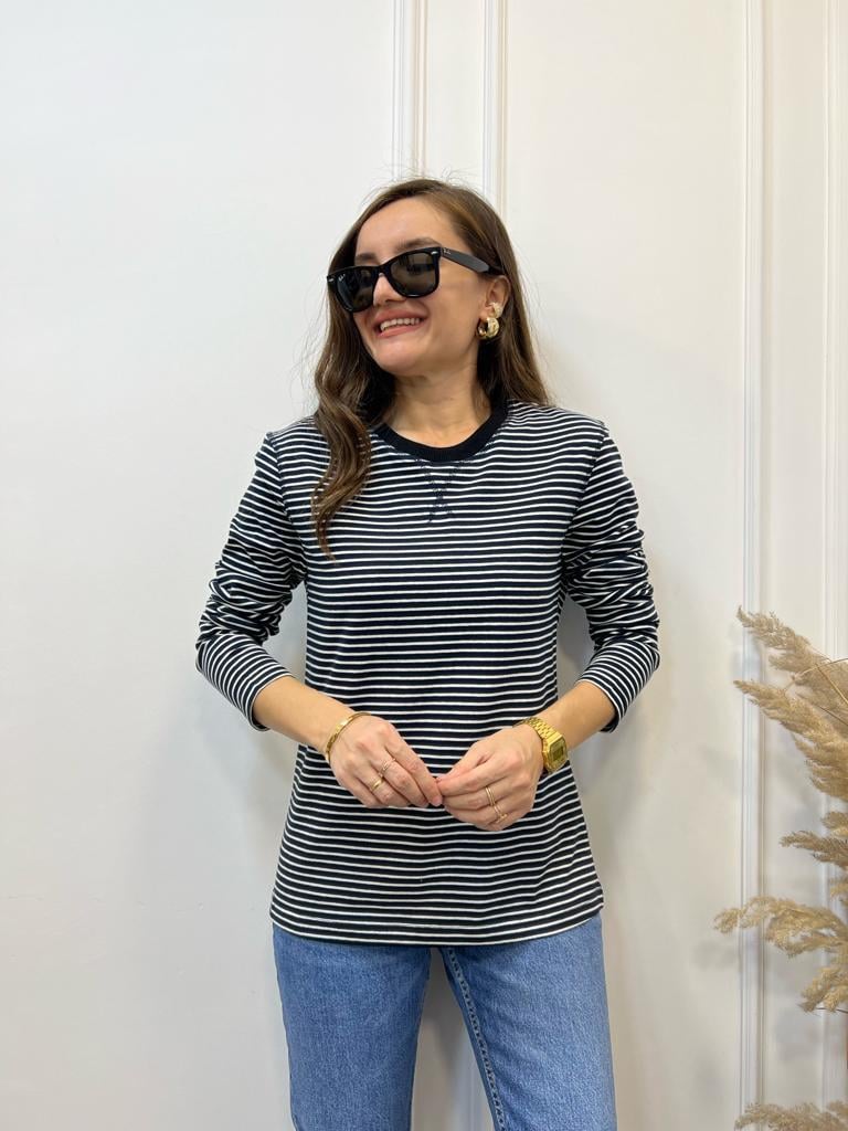 Lacivert Ekru Çizgili Bisiklet Yaka Sweatshirt 1704