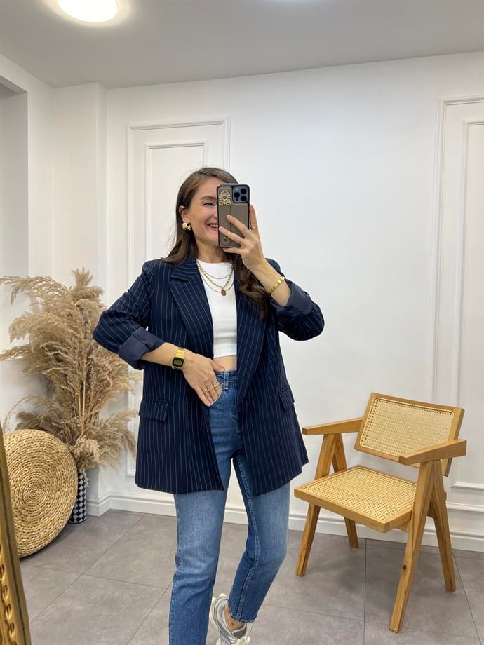 Lacivert Ekru Çizgili Blzer Ceket 7049