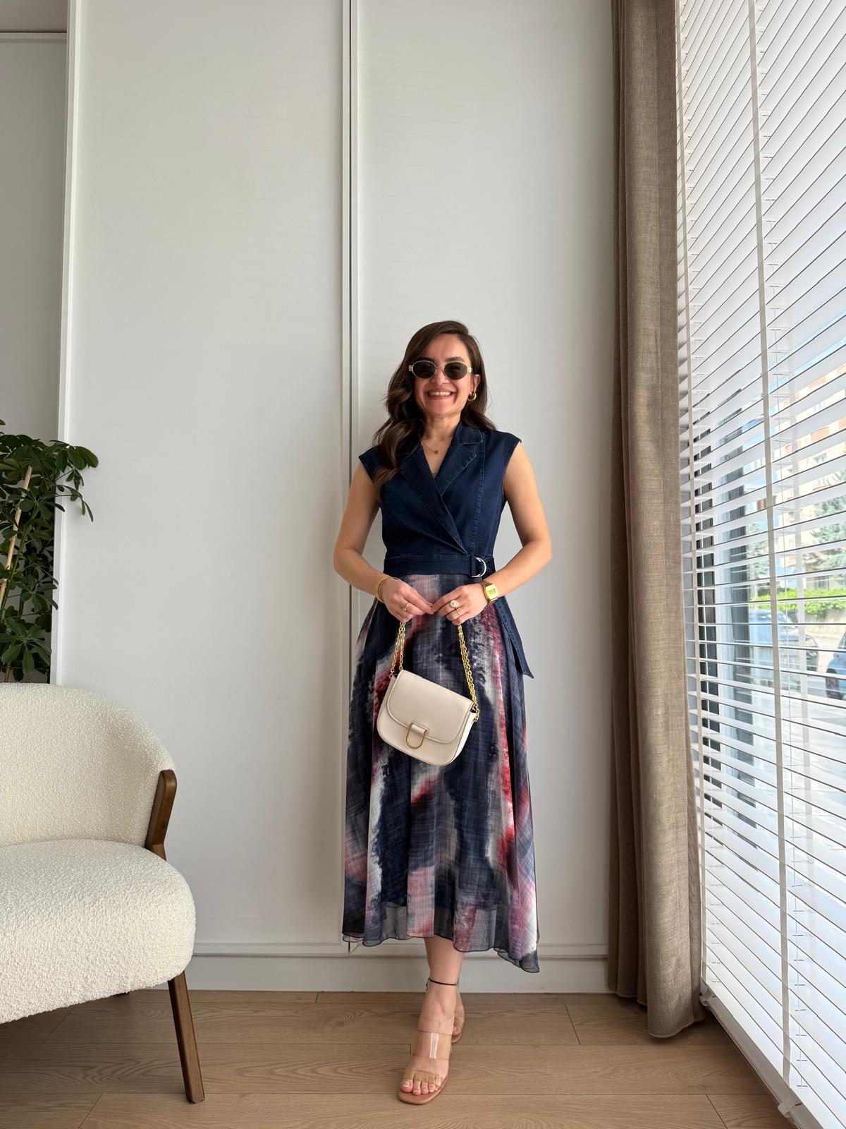 Lacivert Eteği Şifon Kemer Detaylı Denim Elbise 2449