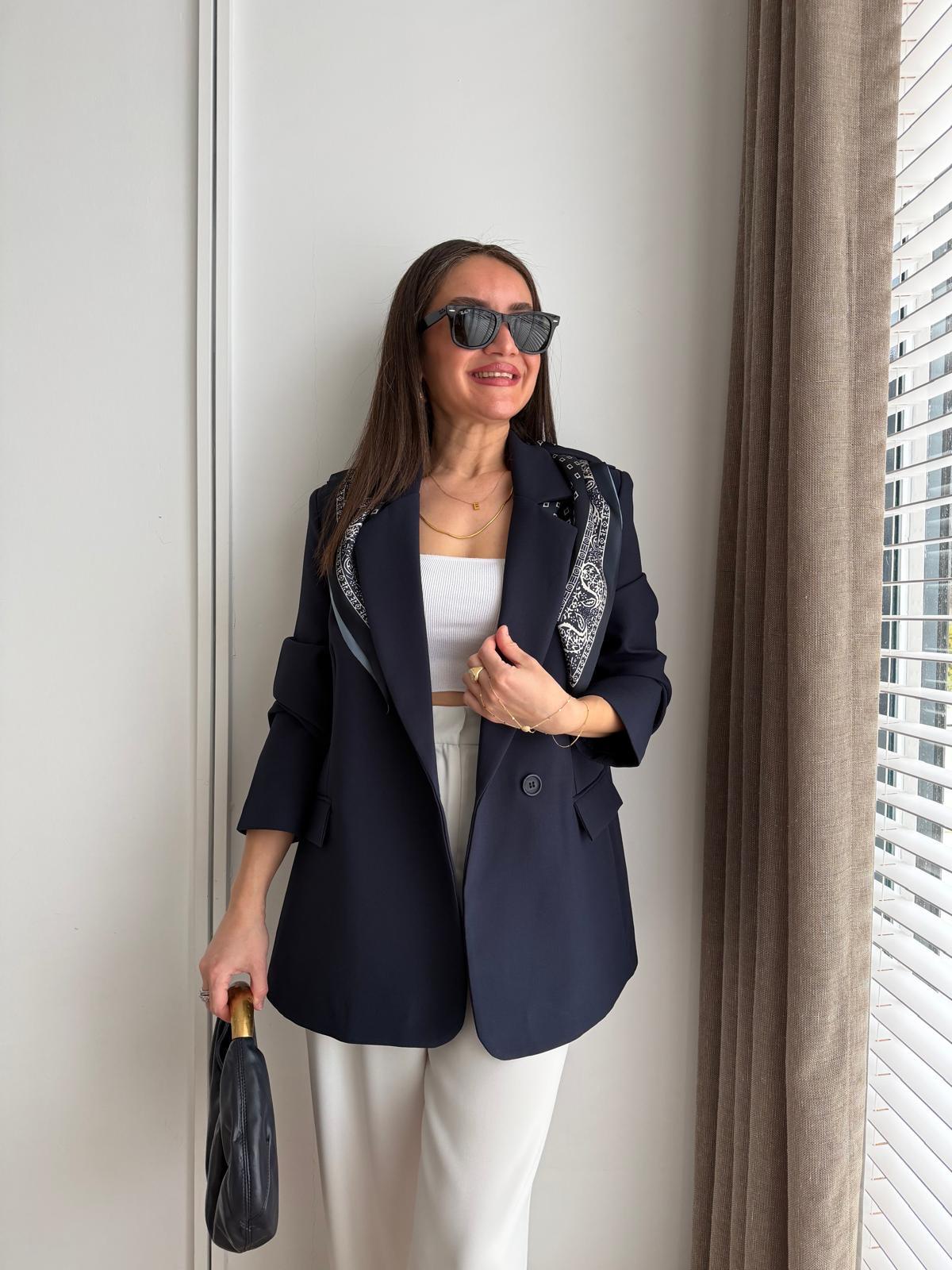 Lacivert Fular Detaylı Vatkalı Blazer Ceket 7665