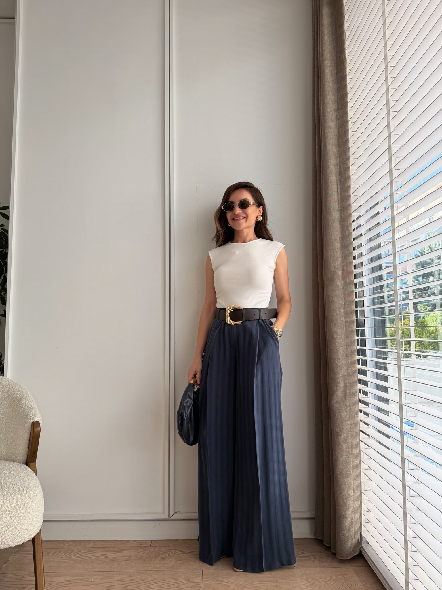 Lacivert Geniş Kemerli Çizgili Pantolon 58490