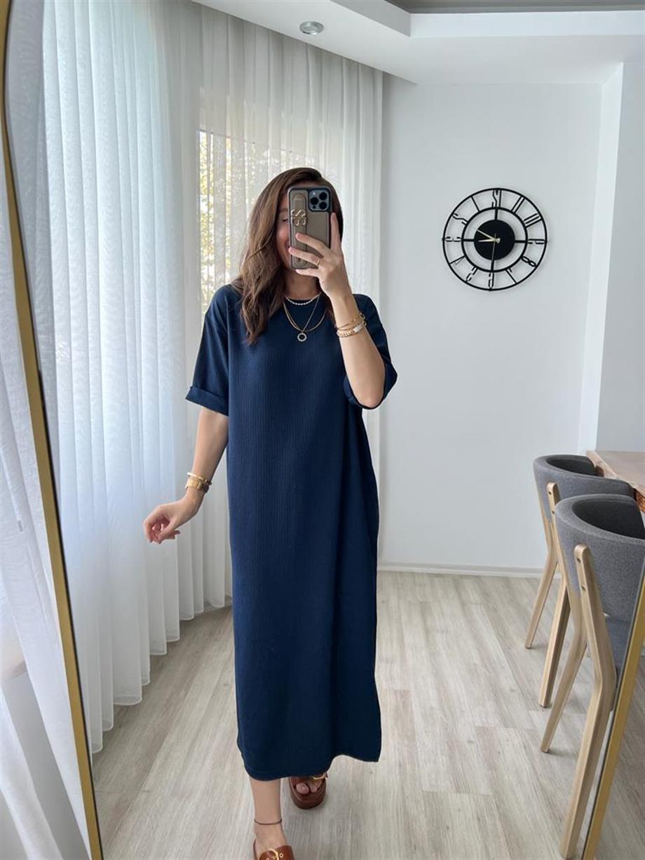 Lacivert Gofre Kumaş Yırtmaçlı Basic Elbise 0411