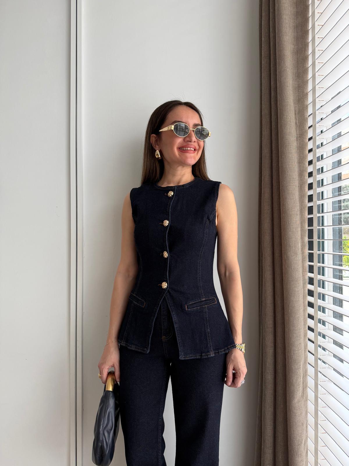 Lacivert Gold Düğmeli Slimfit Kot Yelek 6086