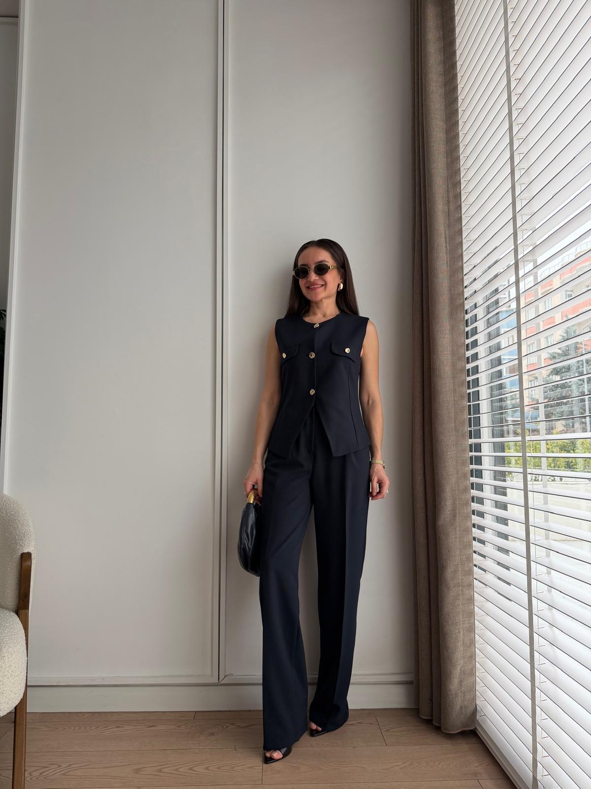 Lacivert Gold Düğmeli Yelek Pantolon Takım 8907