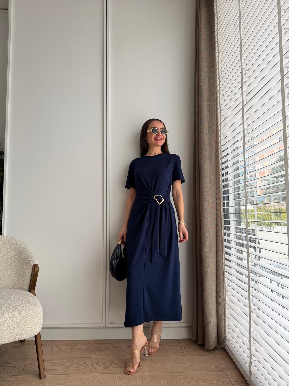 Lacivert Gold Tokalı Kısa Kol Elbise 2392