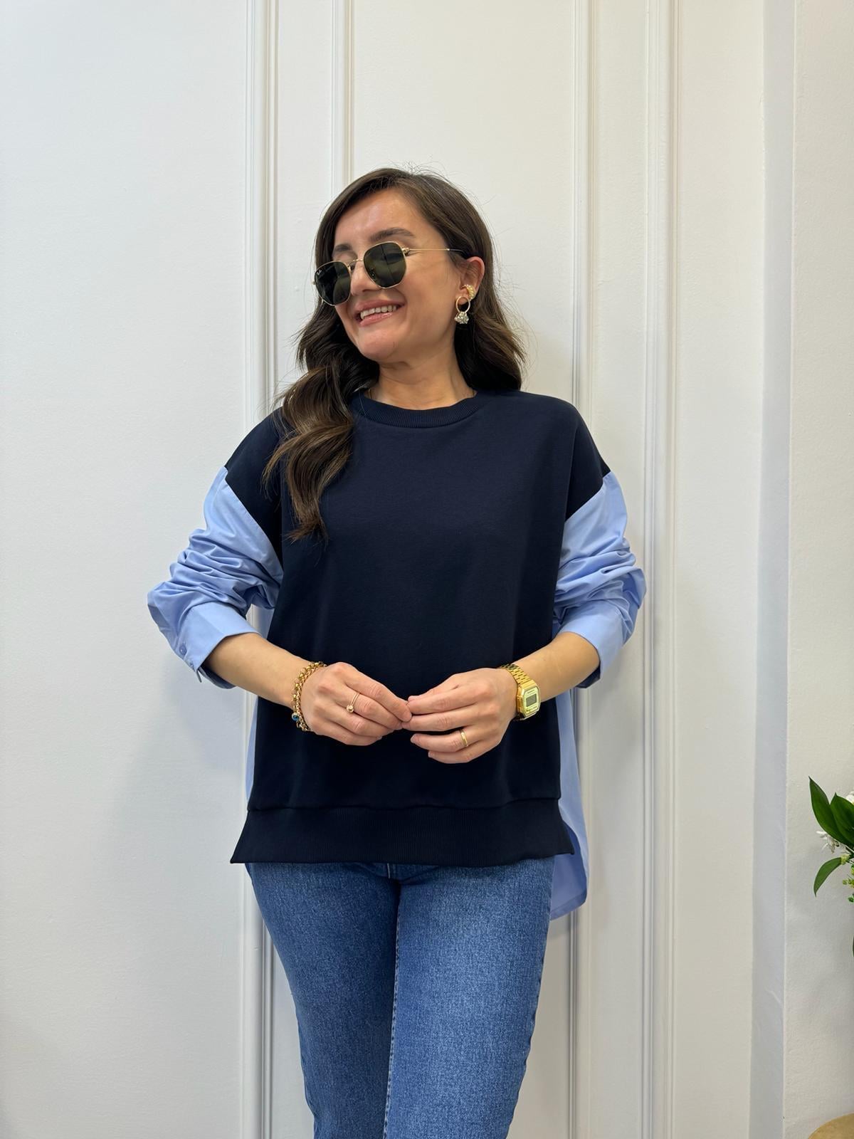 Lacivert Gömlek Detaylı Tasarım Sweatshirt 7819