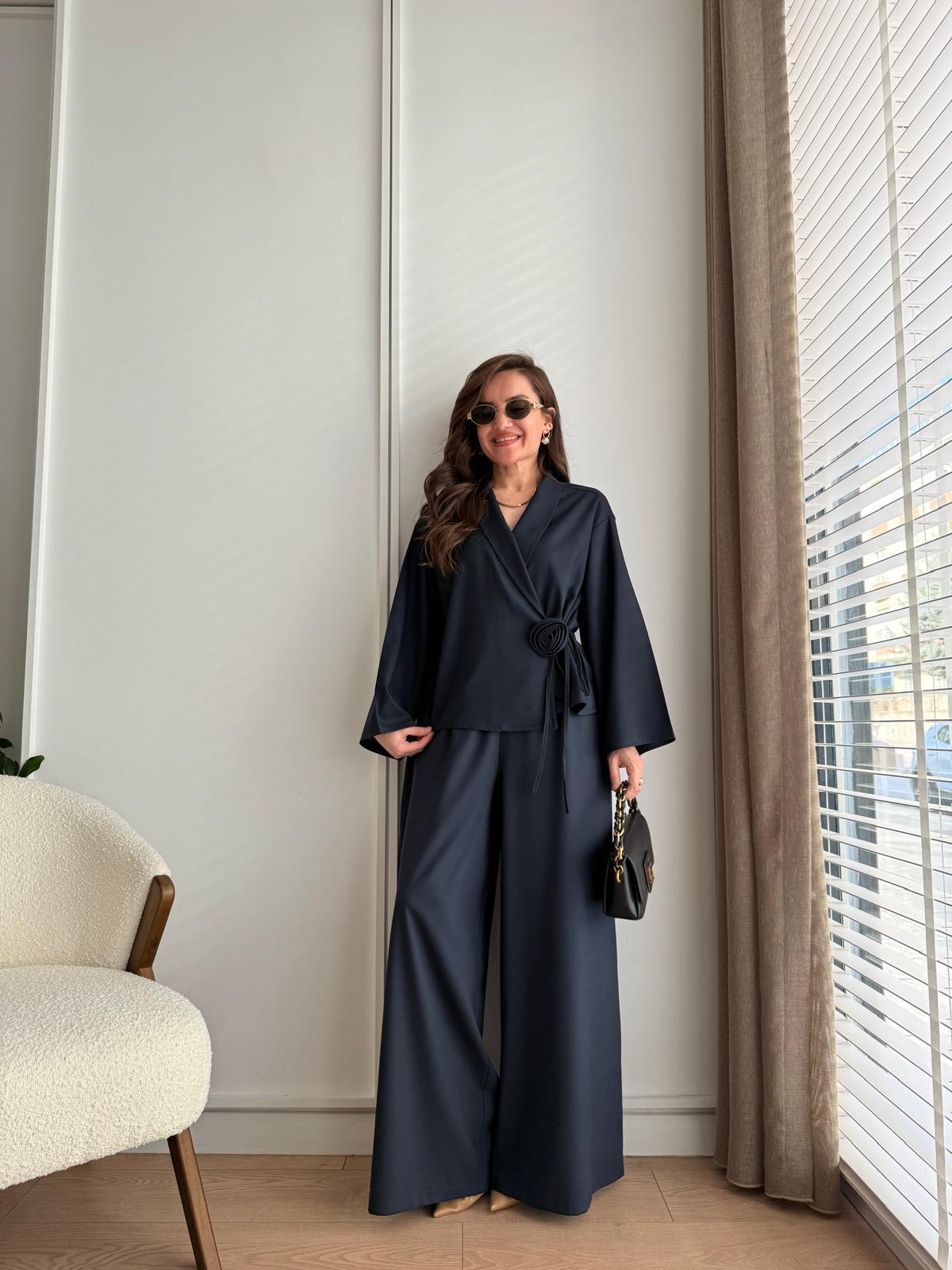 Lacivert Gül Detaylı Kimono Takım 8637