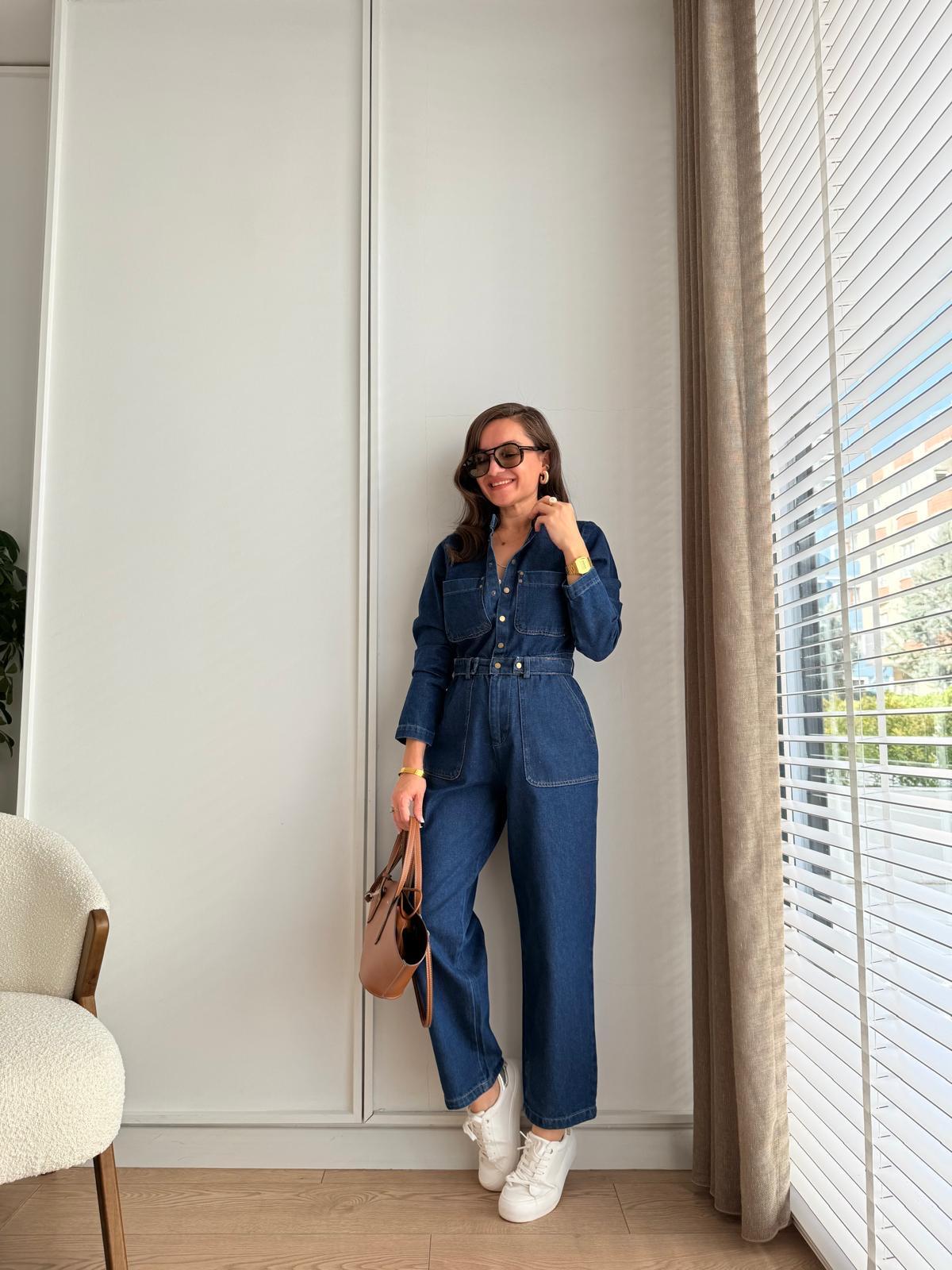 Lacivert Hakim Yaka Çıtçıt Düğmeli Denim Tulum 4011