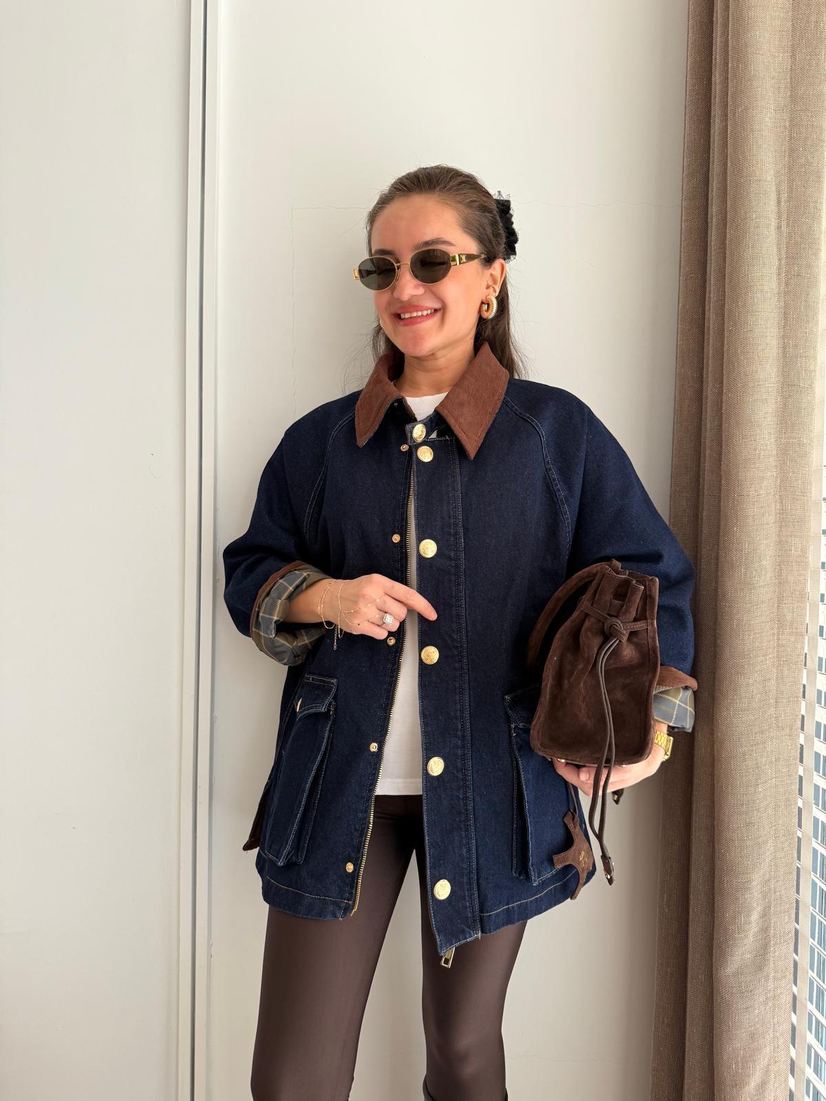 Lacivert Kadife Yaka Gold Düğmeli Denim Ceket 9183