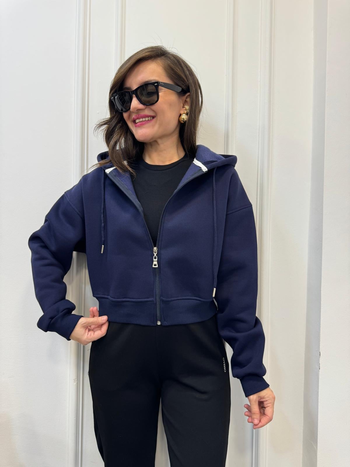 Lacivert Kapüşonlu Fermuarlı Kısa Sweatshırt 7028