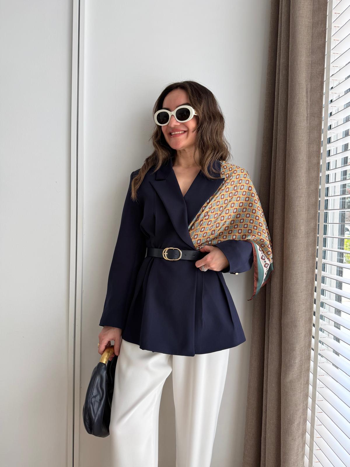 Lacivert Kemerli Fular Detaylı Blazer Ceket 6337