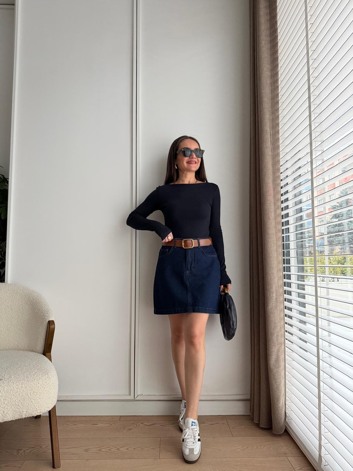 Lacivert Kemerli Mini Kot Etek 1046