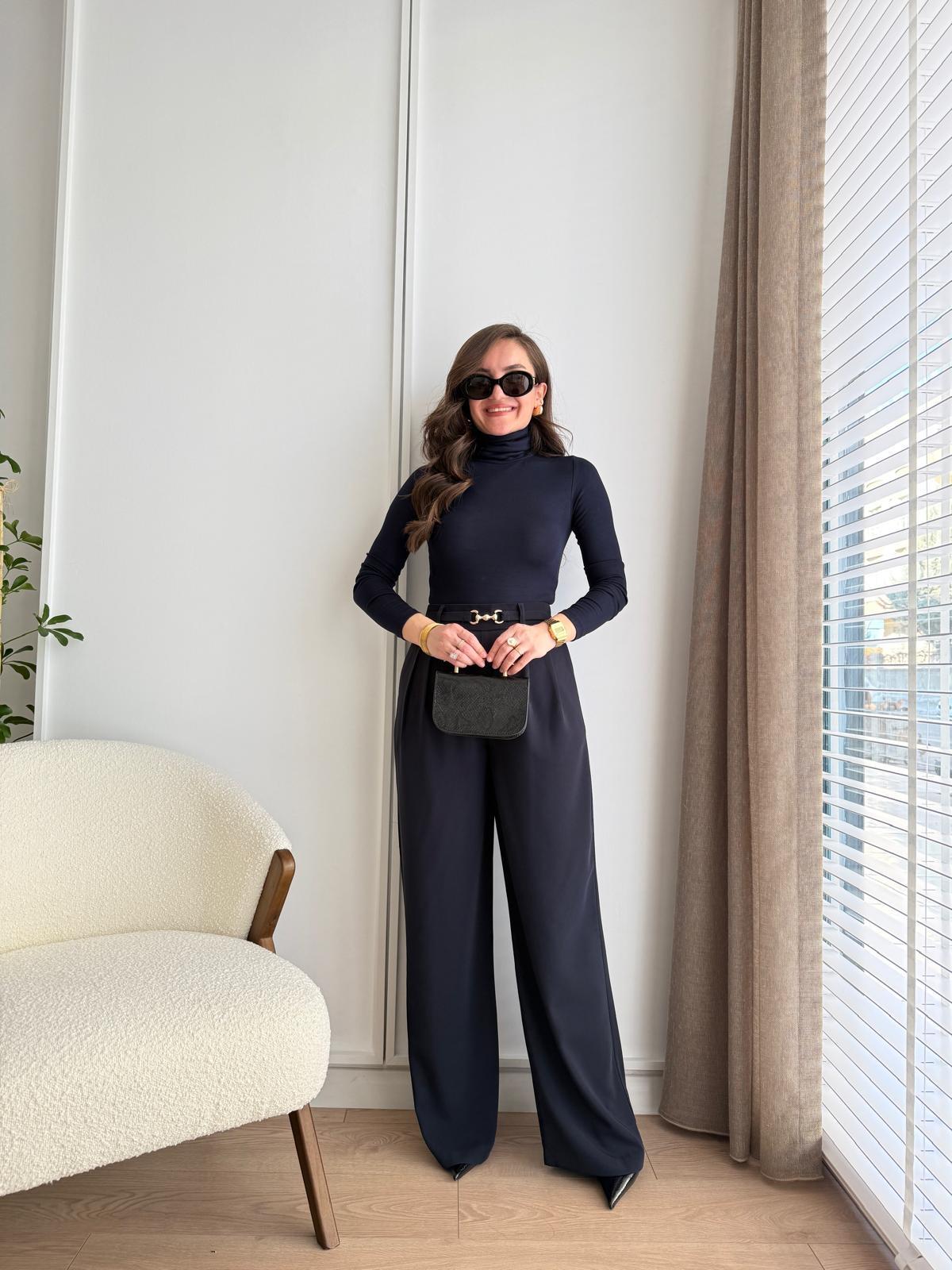 Lacivert Kendinden Kemerli Bel Lastikli Palazzo Pantolon 3704