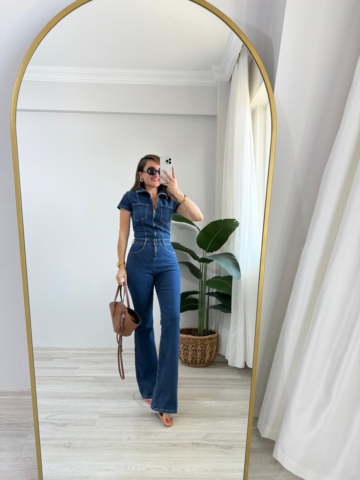 Lacivert Kısa Kol Önü Fermuarlı Denim Tulum 7638