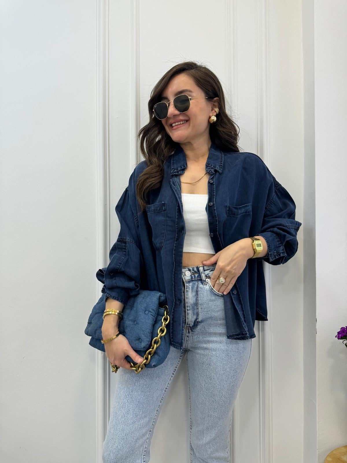 Lacivert Kol Detaylı Jean Gömlek 8785