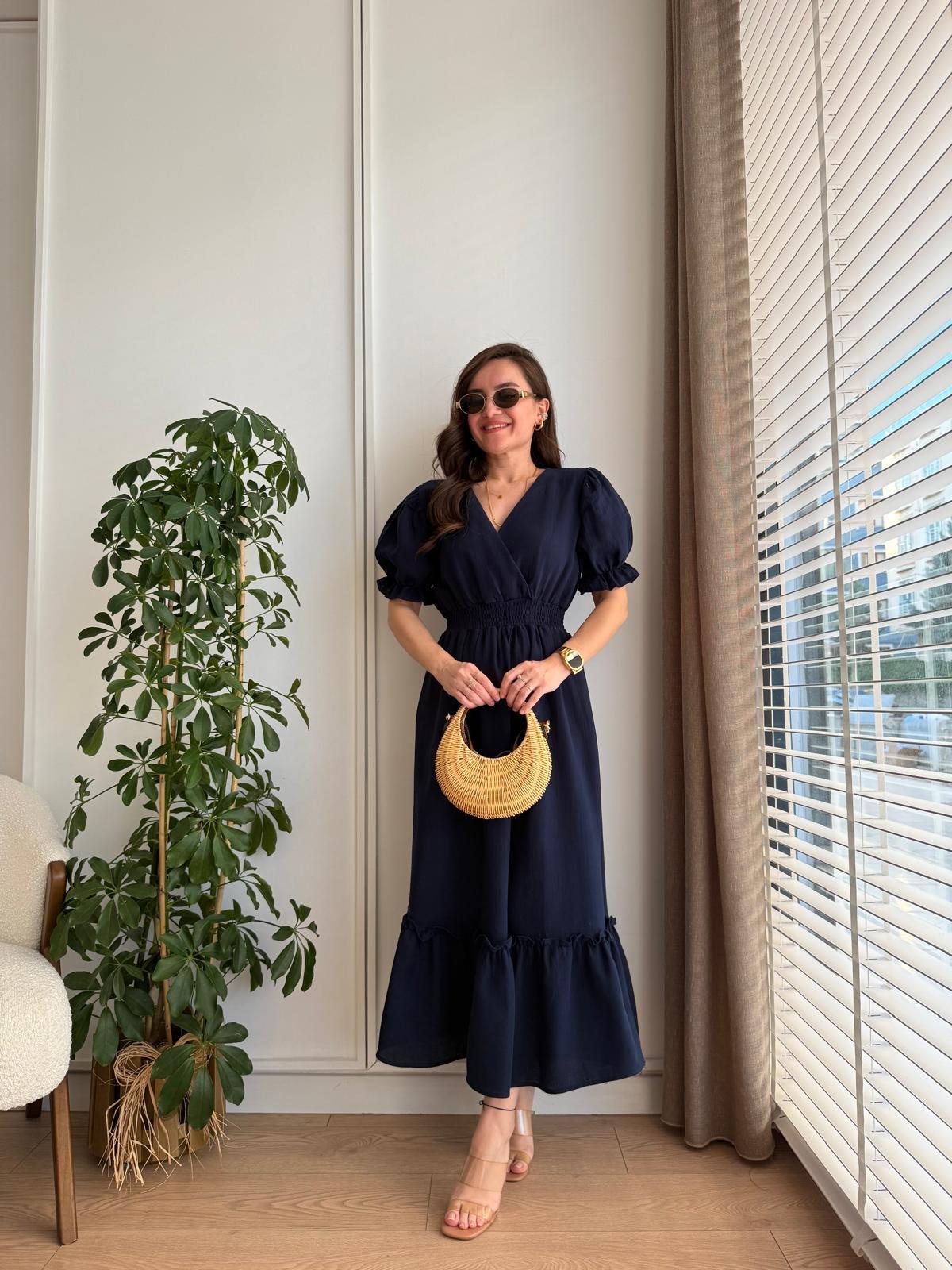 Lacivert Kruvaze Yaka Bel Lastikli Keten Elbise 1292