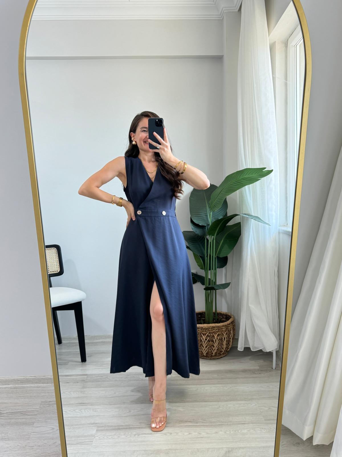 Lacivert Kruvaze Yaka Düğme Detaylı Bel Lastikli Elbise 221