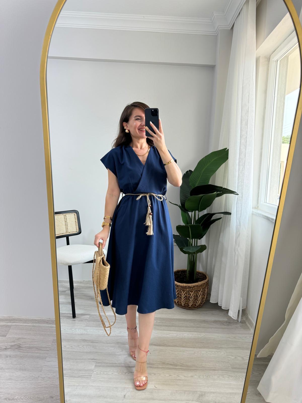 Lacivert Kruvaze Yaka Hasır Kemerli Elbise 31750