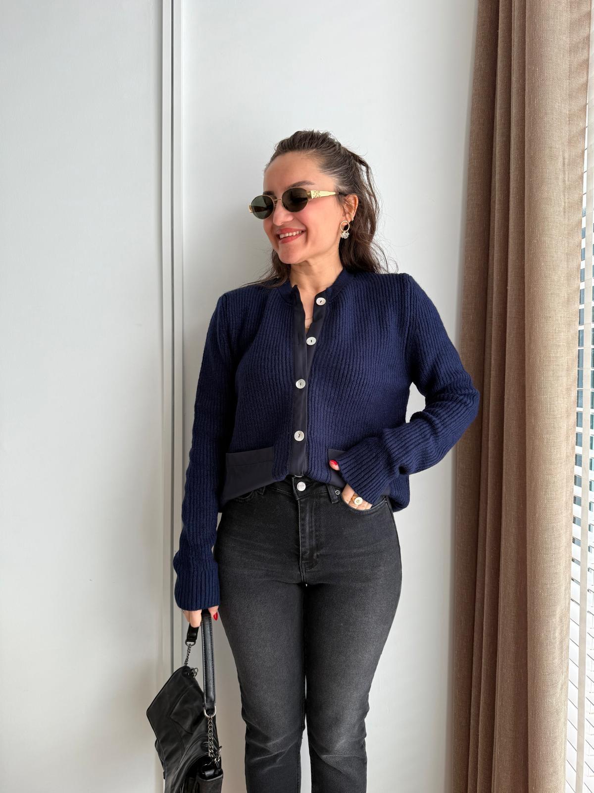 Lacivert Kumaş Cepli Triko Hırka 241086