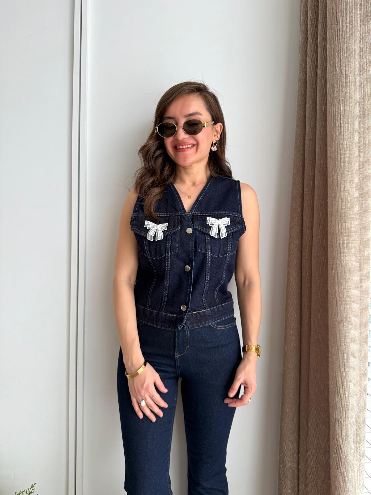 Lacivert Kurdele Detaylı Denim Yelek 6518