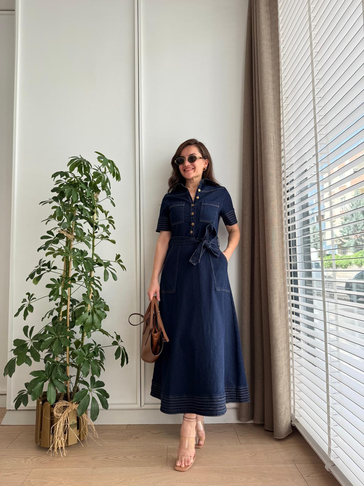 Lacivert Kuşaklı Cepli Denim Elbise 942