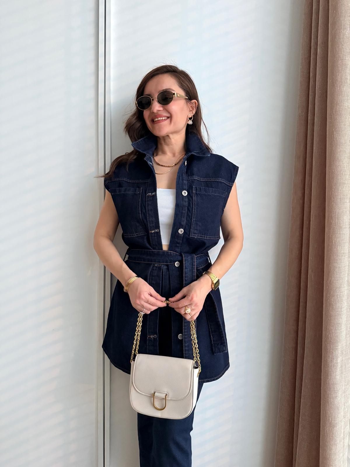 Lacivert Kuşaklı Denim Kot Yelek 6517