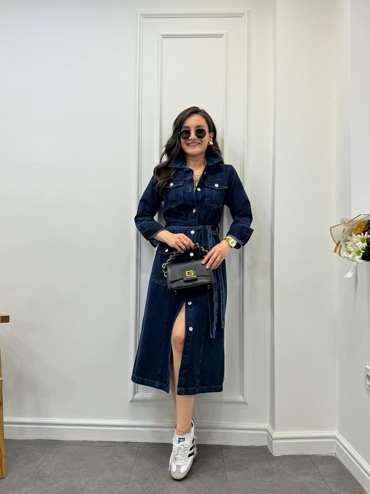 Lacivert Kuşaklı Önü Düğmeli Jean Elbise 911