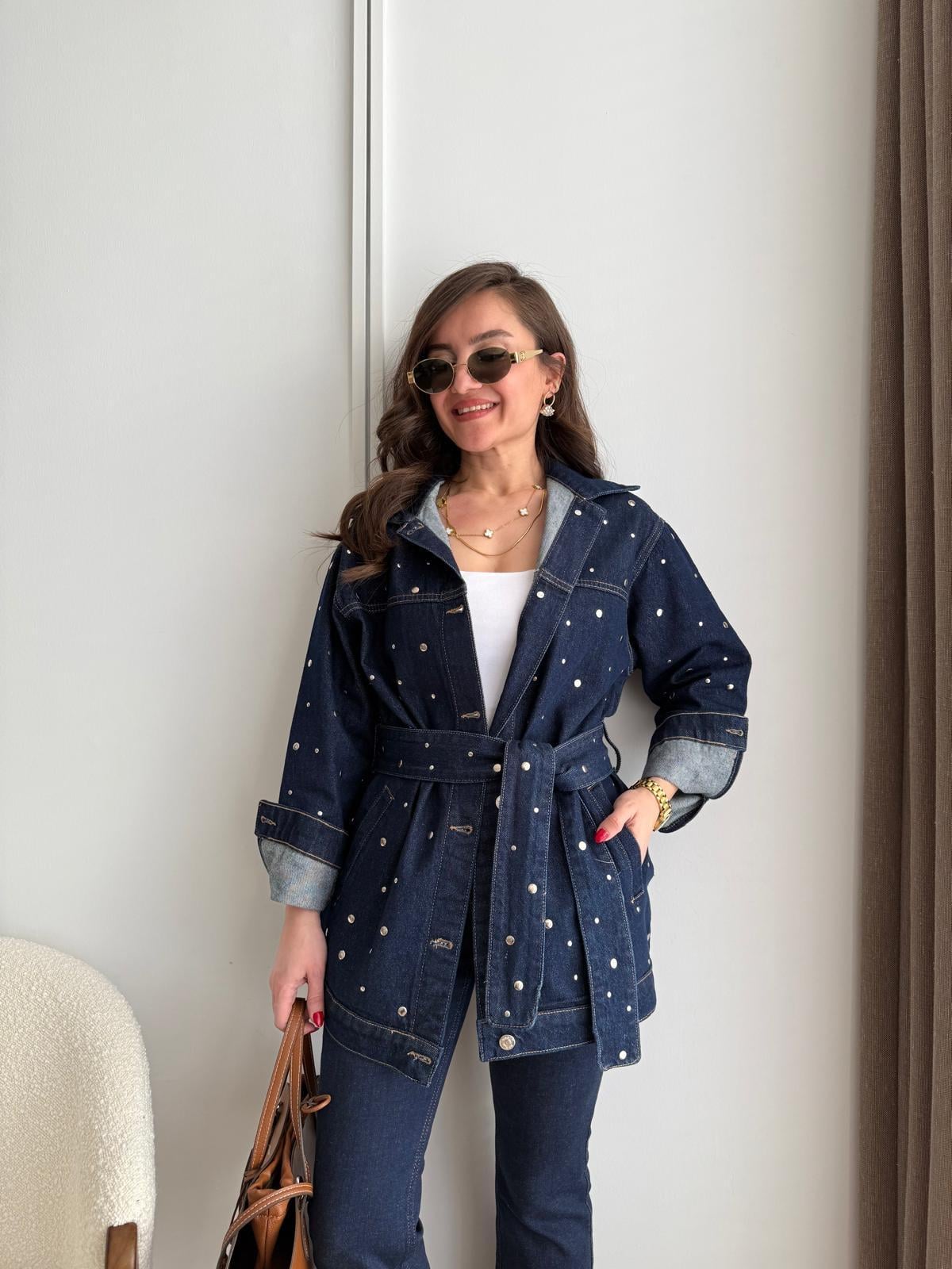 Lacivert Kuşaklı Zımba Detaylı Denim Tasarım Ceket 5808
