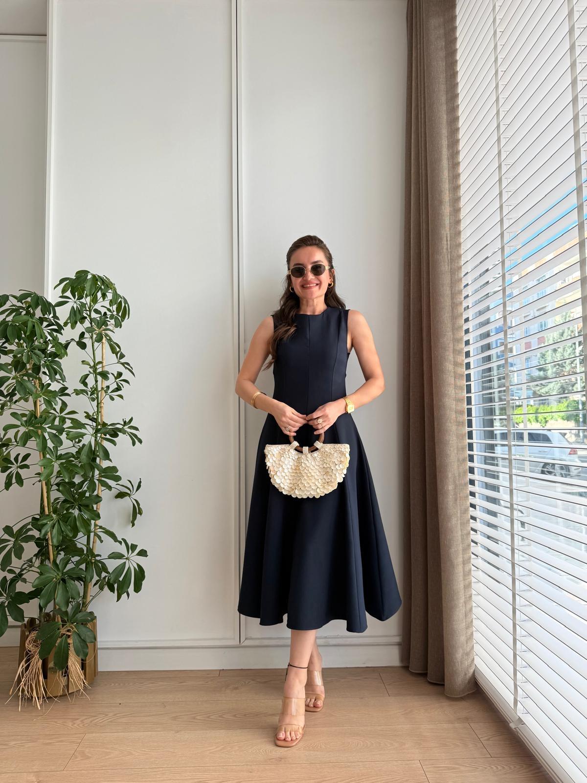 Lacivert Midi Boy Kloş Elbise 0426