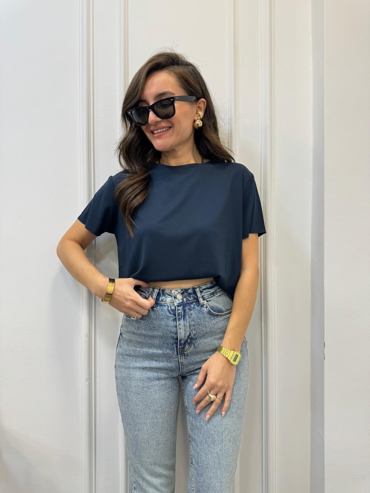 Lacivert Modal Kumaş Bisiklet Yaka Tshirt 4751