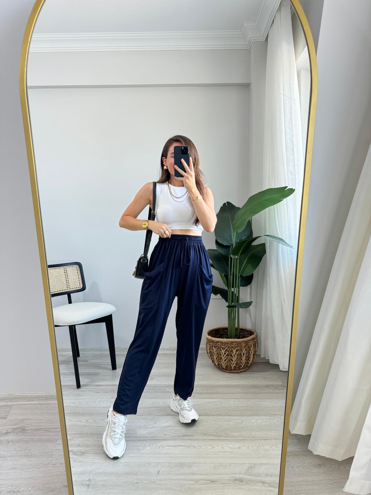 Lacivert Modal Kumaş Cepli Şalvar Pantolon 2015