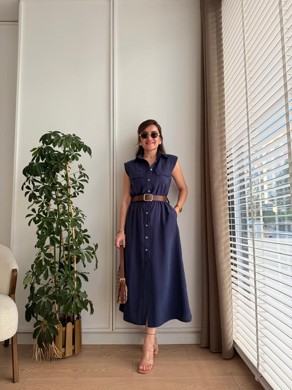 Lacivert Omuz Vatkalı Beli Lastikli Kemerli Elbise 7346