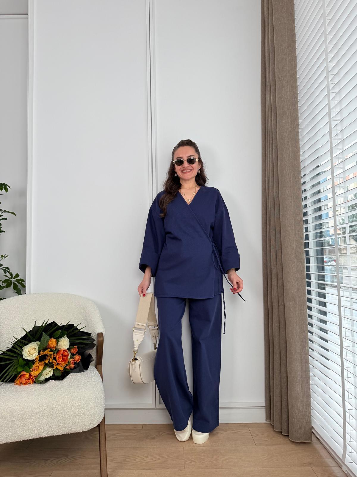 Lacivert Ön Bağlama Gabardin Kimono Takım 8629