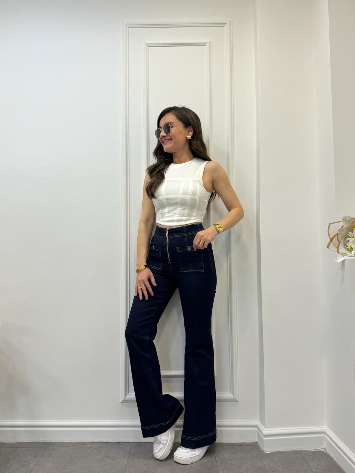 Lacivert Ön Cepli Yüksek Bel Esnek Flare Jeans 24454
