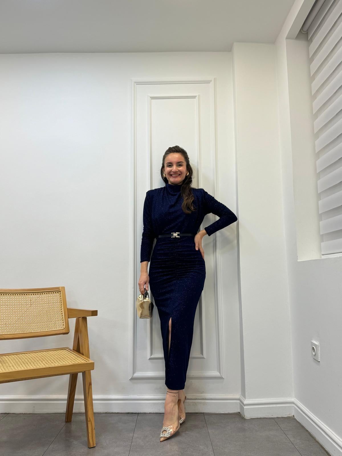 Lacivert Ön Drapeli Dik Yaka Kemerli Simli Elbise 3625