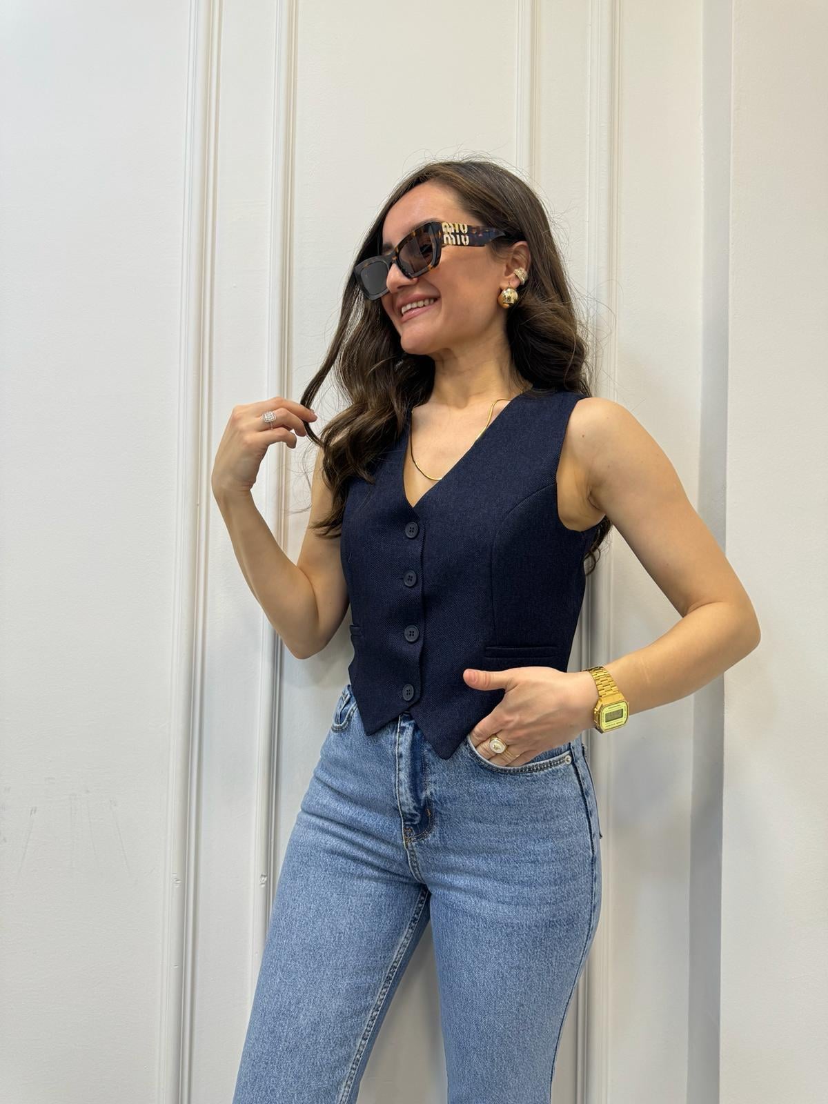 Lacivert Önü Düğmeli Yün Efekt Yelek 7074