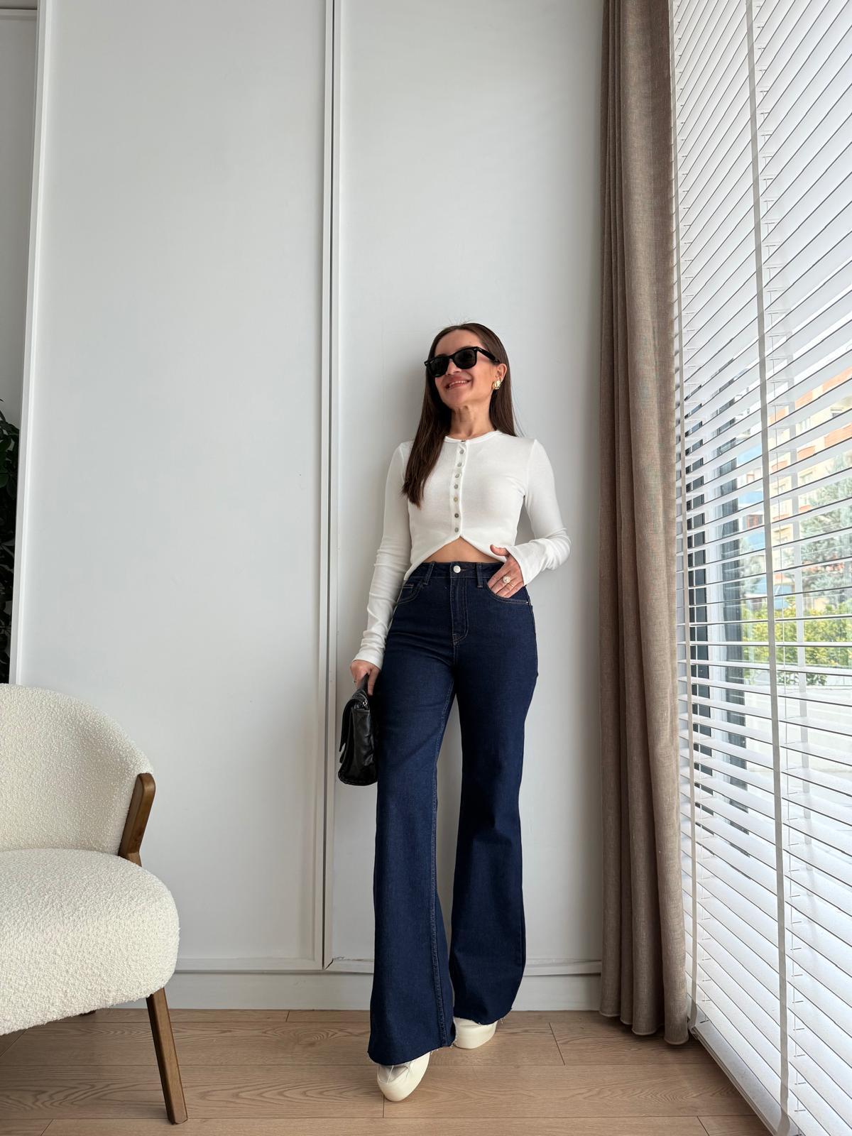Lacivert Paça Kesik İspanyol Paça Jean 25695