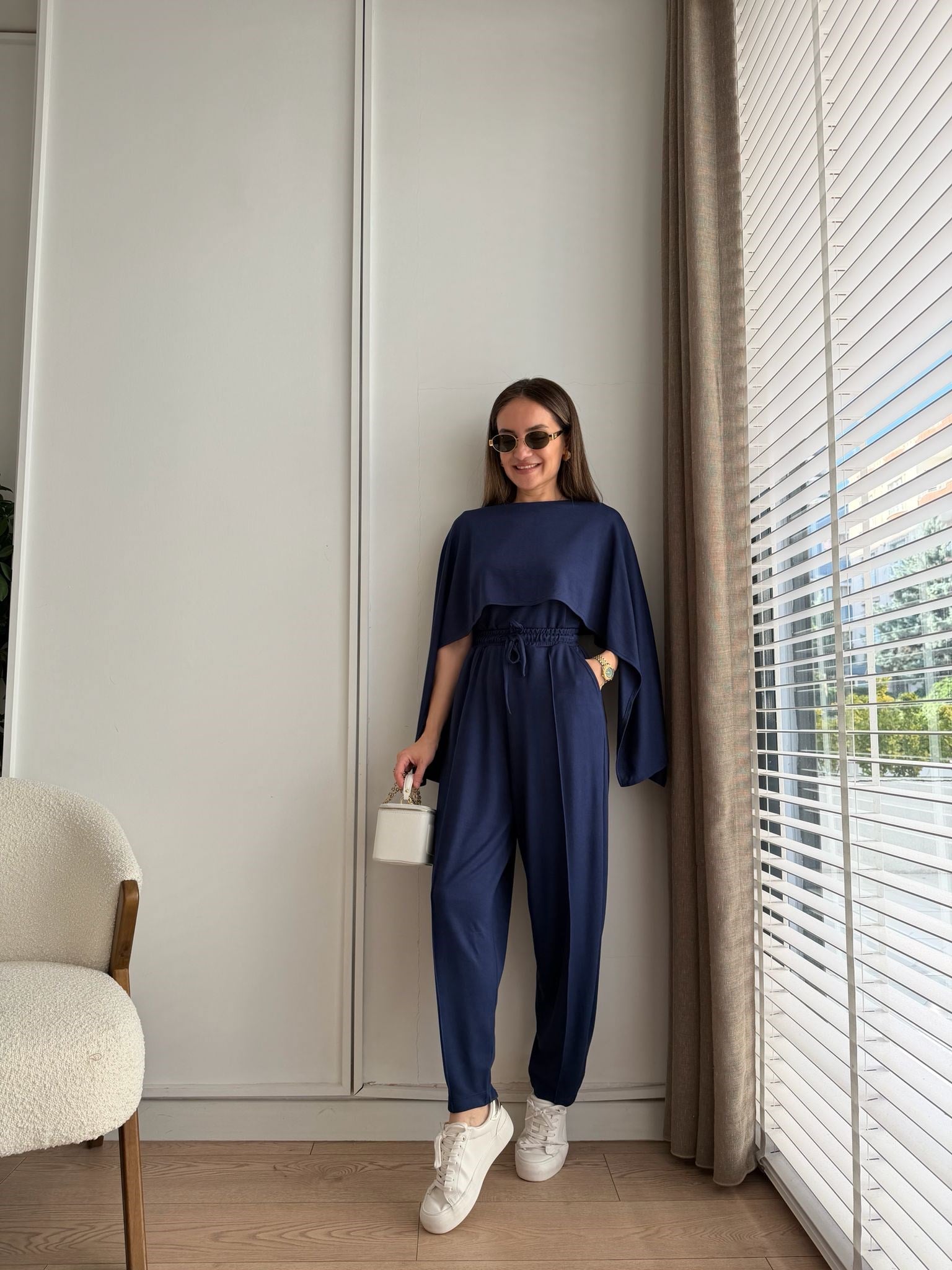 Lacivert Pelerin Detaylı Bluz Pantolon Takım 4143