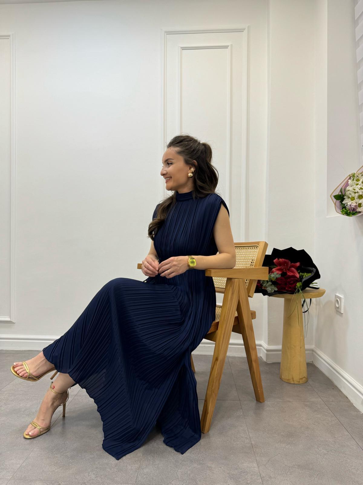 Lacivert Piliseli Örgü Kemerli Şifon Elbise 6146