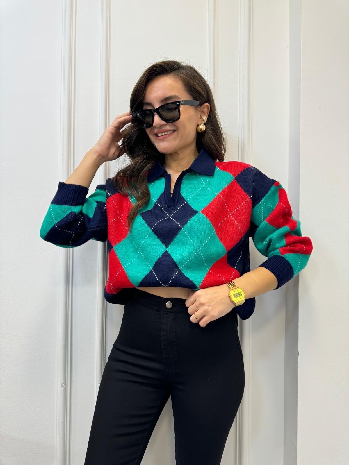 Lacivert Polo Yaka Baklava Desen Triko Bluz 4255
